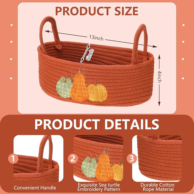 Vesici Pumpkin Basket Cotton Rope Bathroom Storage with Handle Fall | Boho Woven Organizer with 3 Pumpkin Charms, Holds Toilet Paper Toiletries, Orange Halloween Decor, 13x6x4 in