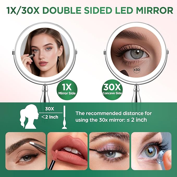 30x Magnifying Mirror, Chrome Lighted Makeup Mirror with 3 Colors Modes | Adjustable Brightness, 5000mAh Rechargeable, 360° Rotation Double Side, Large Magnifying Vanity Mirror, Gifts for Women