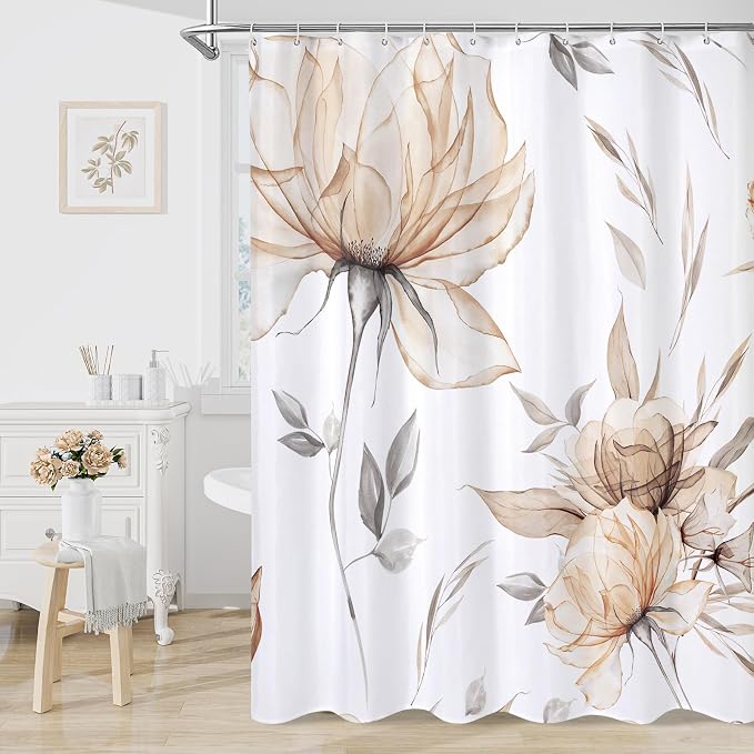 Litabel Long Boho Watercolor Floral Shower Curtain 72 x 78, Light Brown and Grey Ink Painting Style Flower Shower Curtains for Chic Elegant Bathroom, Artistic Tan 78 Inch Long Fabric Shower Curtain