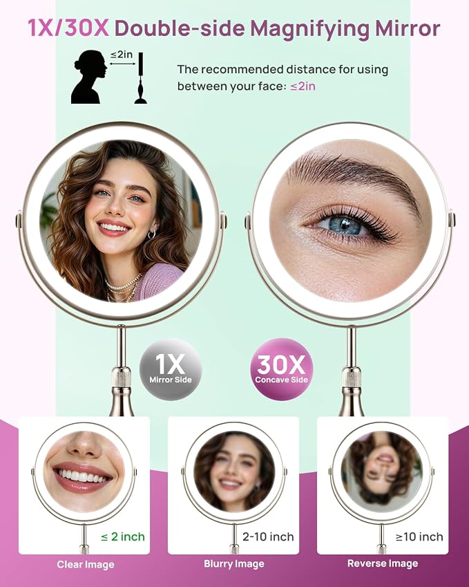 30X Magnifying Mirror with Lights, 8" Height Adjustable Makeup Mirror | Rechargeable 5000mAh, 30x Double Sided, 3 Color Lights + Dimmable, Nickel – Modern Magnifying Mirror for Bathroom Desk