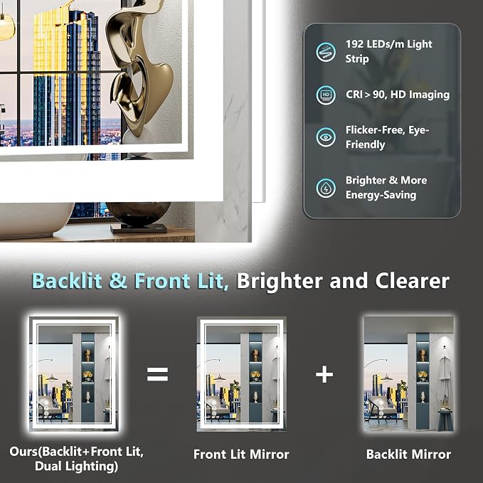 28x32 LED Bathroom Mirror, Backlit & Front Lit Lighted Mirror | Anti-Fog Vanity Mirror with Lights, 3 Color Dimmable, Memory, HD Tempered Glass, CRI95, IP54, UL Listed, Horizontal/Vertical