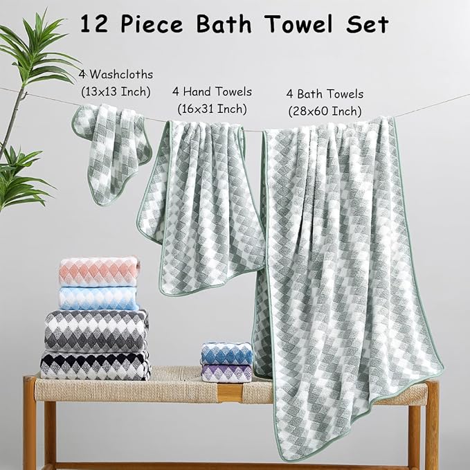 12 Pcs Green White Diamond Towel Set-4 Bath Towels,4 Hand Towels,4 Washcloths Soft Polyester Towels with Loop Absorbent Shower Towel Quick Dry Beach Chair Towel Family Towels for Bathroom Spa Gym Pool