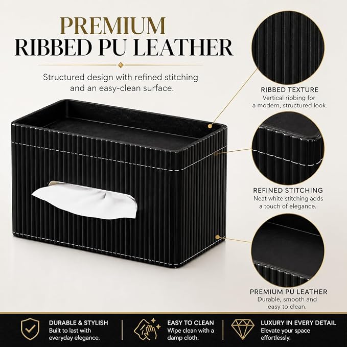 Ribbed PU Leather Tissue Box Cover with Storage Tray, Rectangular Facial Tissue Holder for Bathroom Vanity, Nightstand & Office Desk, Modern Decorative Tissue Dispenser (Matte Black)