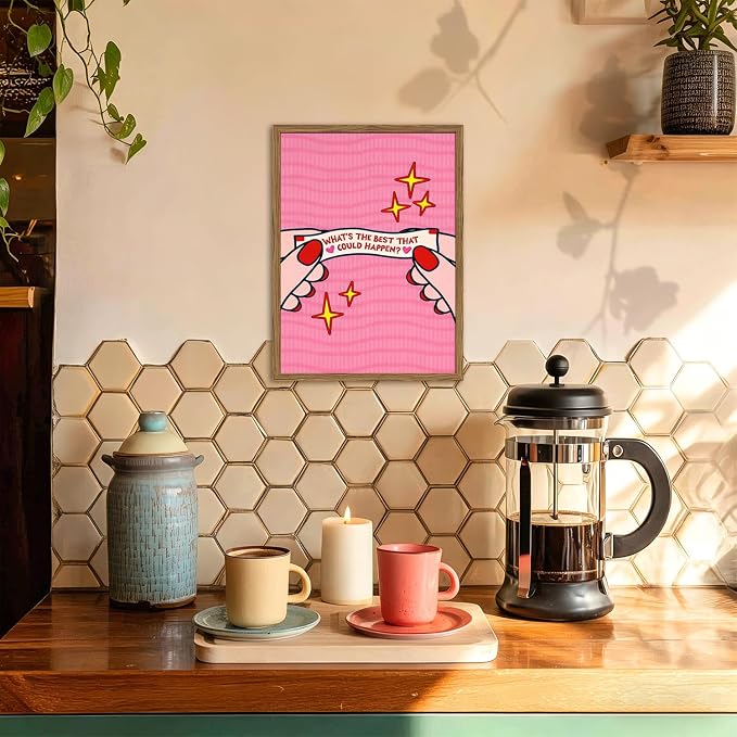 What's the Best That Could Happen Wall Art Positive Quote Poster Canvas Print Pink Preppy Dorm Room Decor Inspirational Fortune Cookie Wall Decor for Bedroom Office 12x16 inch Wood Framed