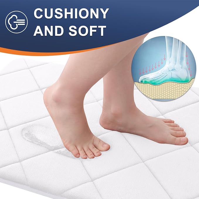OLANLY Memory Foam Bath Mat 59x34, Ultra Soft and Absorbent Bathroom Rugs | White, Quick Dry, Machine Washable Shower Bath Rugs, Comfortable Bath Carpet for Bathroom Floor, Tub and Shower