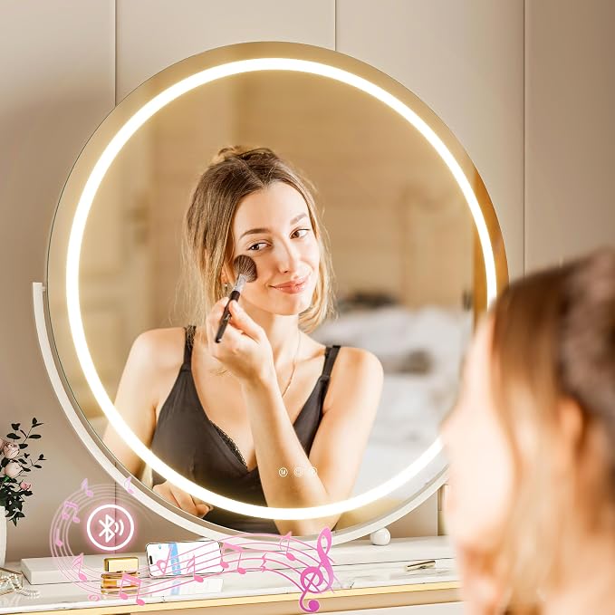 Hasipu Vanity Mirror with Lights, 27.6" LED Big Makeup Mirror, Lighted Makeup Mirror with Lights, Smart Touch Control 3 Colors Dimmable Round Mirror 360°Rotation White
