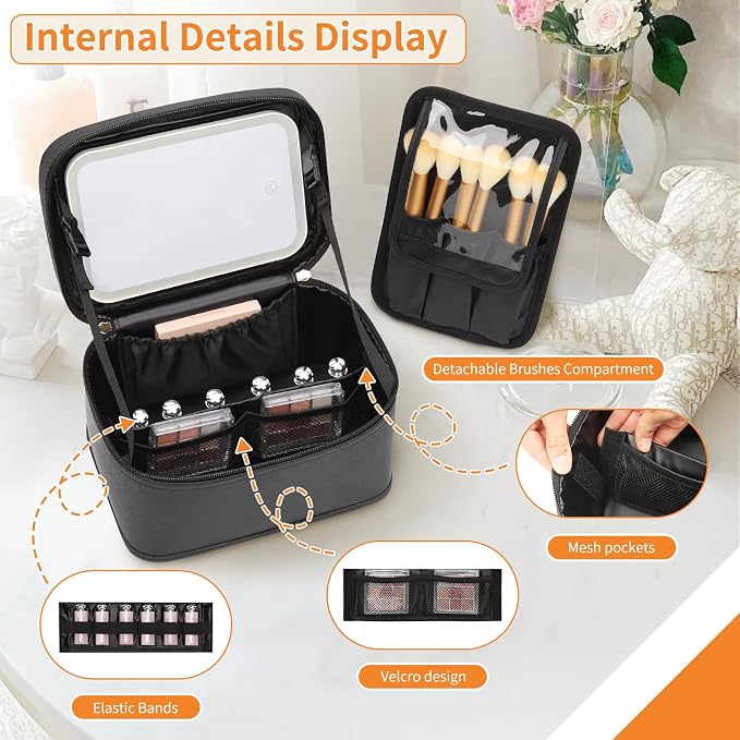 Makeup Bag With LED Mirror, Travel Makeup Bag With 3 Color Setting Light Up Mirror Cosmetic Makeup Organizer Vanity Case for Women Beauty Tools Accessories Rechargeable Makeup Travel Bag-Black