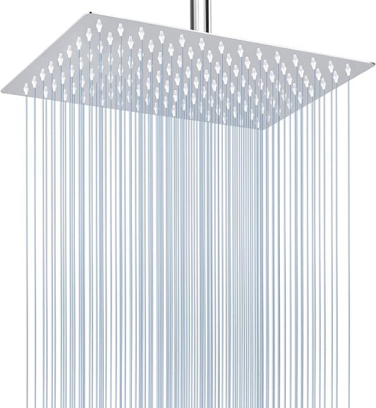Voolan Rain Shower Head - High Flow Large Rainfall Shower Heads Made of Stainless Steel - Waterfall Bathroom Square Showerhead - Ceiling or Wall Mount (12 * 8 Inch Rectangle, Chrome)
