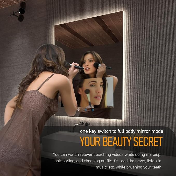 32"x24" Smart Waterproof Anti-Fog Vanity Mirror with 21.5" Touch Screen TV | Adjustable 3-Color LED, Bluetooth/WiFi/HDMI, Android OS, Streaming Apps, For Bathroom & Bedroom