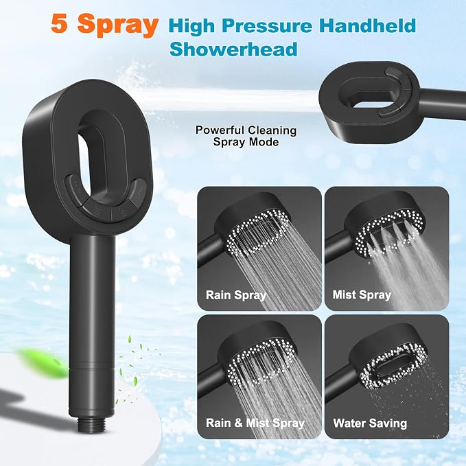 Hibbent Filtered Handheld Showerhead with 3 Filters, 5 Sprays Shower Head | Black High Pressure Shower Heads, Brass Holder & 71" Metal Hose, Water Soft Filter Remove Chlorine, Reduce Dry Itchy Skin