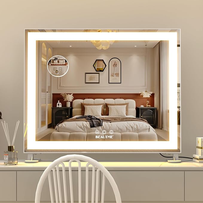 Vanity Mirror With LED Lights - Tabletop Hollywood Makeup Mirror for Bedroom - Aluminium Frame, 48.540.5cm, White
