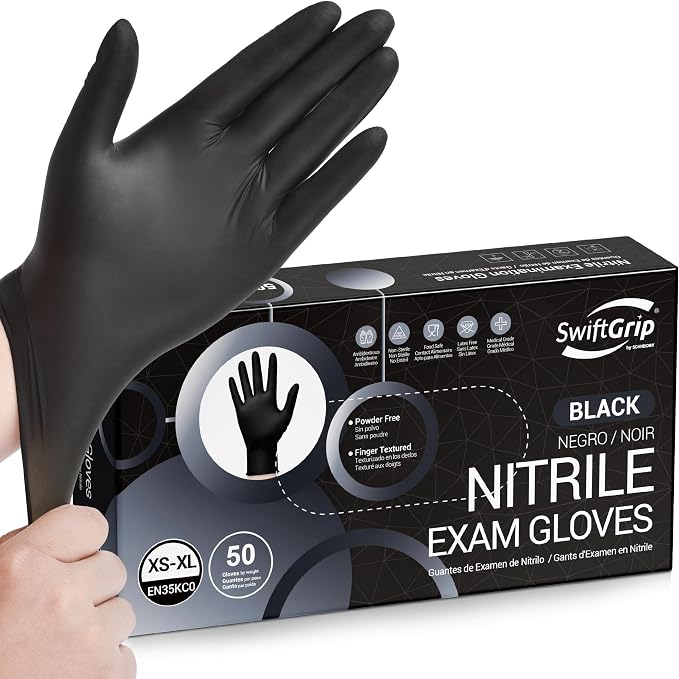 SwiftGrip Disposable Nitrile Exam Gloves, Black Nitrile Gloves Disposable Latex Free for Medical, Cooking & Esthetician