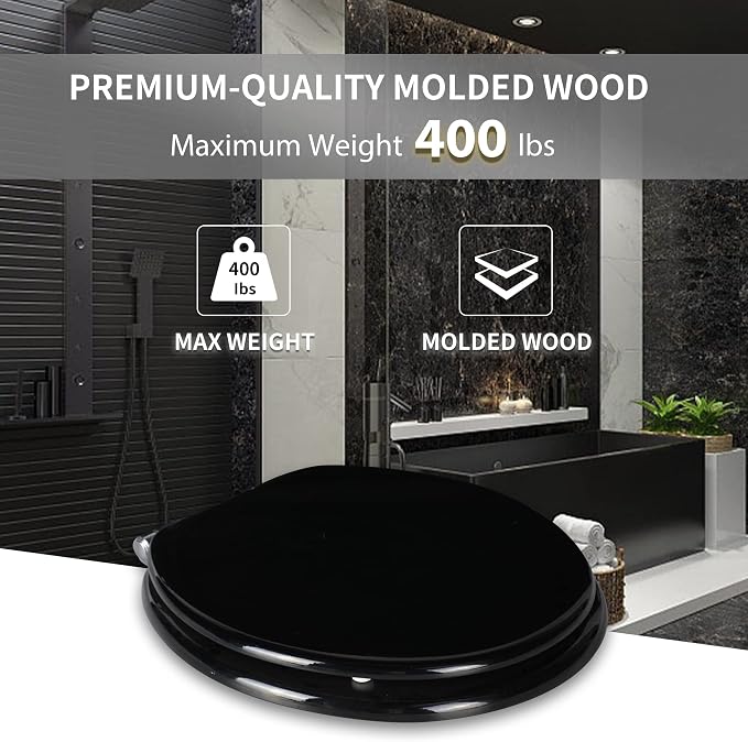 Angel Shield Round Toilet Seat Wood Molded UV Lid Soft Close | Quick Release Metal Hinges, Adjustable Fit for Standard Round Toilets, Easy Install&Clean(Black)
