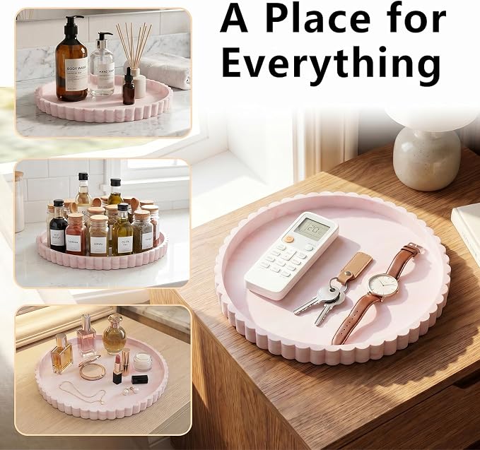 Silicone Bathroom Tray with Scalloped Edge, 11.9 Inch Round Large Vanity Tray for Bathroom Countertop, Non-Slip Elegant Sink Organizer Tray for Toiletries & Jewelry, Marble White Pink