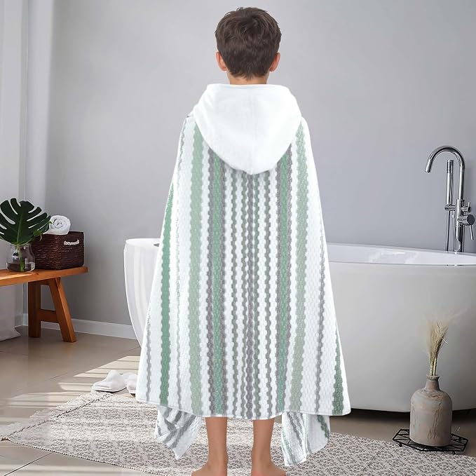 VOOVA & MOVAS Big Kids Hooded Bath Towel,6-12 Years,100% Cotton | 64X33 Inch,Green Brown Stripe,Thick,Soft, Absorbent, Quick-Drying, Beach/Pool/Swim Essentials