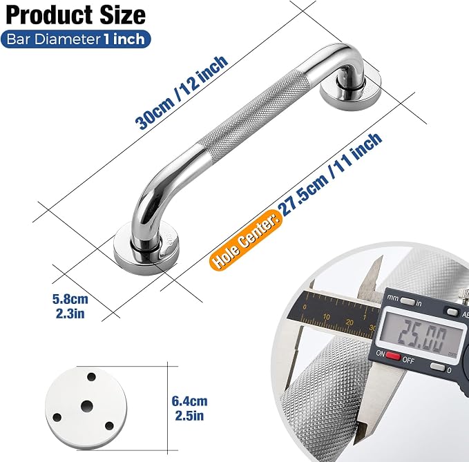 Grab Bars for Shower, 12 Inch Shower Handle, 2 Pack, Polished Nickel | Grab Bars for Bathroom, Knurled Anti-Slip Grip, 11-Inch Hole Centers, 1-Inch Diameter, Wall-Mounted Support for Seniors