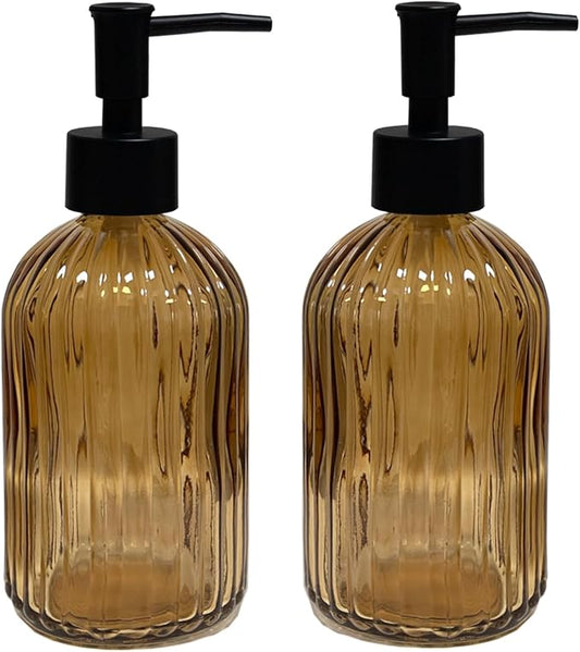 YYTSGG Brown Glass Soap Dispenser Set with Black Pump, 13.5oz, 2 Pack | Liquid Hand Dispenser, Vertical Stripe Lotion Dish Soap Dispenser for Modern Home Decor, Bathroom, Kitchen Countertop, Hotel