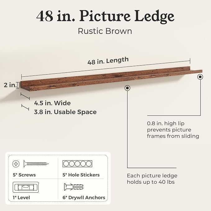 Brown Picture Ledge Shelves for Wall, 4.5" Deep Wood Floating Shelves with Lip for Bedroom, Living Room, 48" Width, Color Brown Set of 2