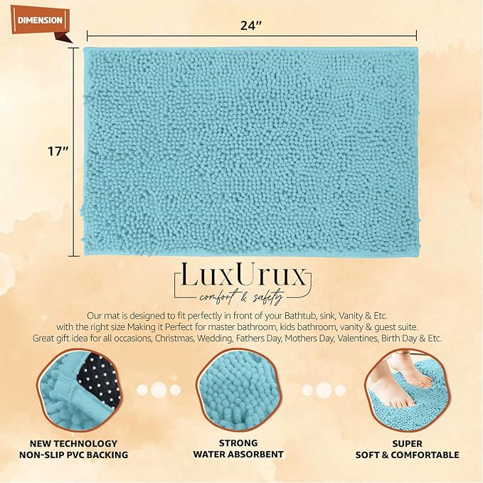 LuxUrux Bath Mat, Extra-Soft Plush Non-Slip Bathroom Rug, Luxury Chenille Microfiber Material, Super Absorbent Shaggy Bath Rug. Machine Wash & Dry (17 x 24 inches, Spa Blue)