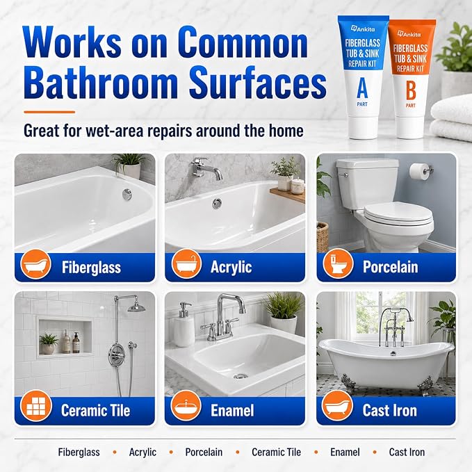 Tub Repair Kit White, Bathtub Repair Kit for Enamel, Fiberglass, Acrylic | For Chips, Cracks, Scratches, Holes & Rust on Porcelain, Patch & Repairs Cast Iron Tubs, Toilet, Sink, Shower Pan in Bathroom