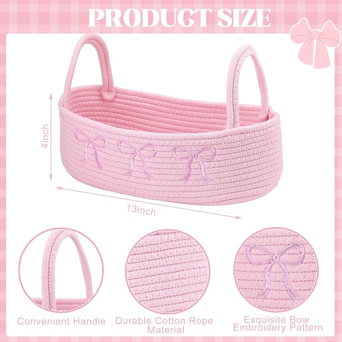 Vesici Pink Bow Woven Storage Basket for Toilet Tank Top with Handle | Cotton Rope Basket Holds Toilet Paper, 13x6x4 Inch Bathroom Organizer, Boho Pink Decor in Countertop Bedroom Nursery