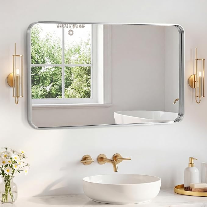 NEWBULIG Bathroom Mirror for Over Sink, 32X48 Inch Wall Vanity Mirror | Wall Mount, Tempered Glass, Anti-Rust Metal Framed, Rounded Rectangle, Farmhouse Home Decor, Silvery