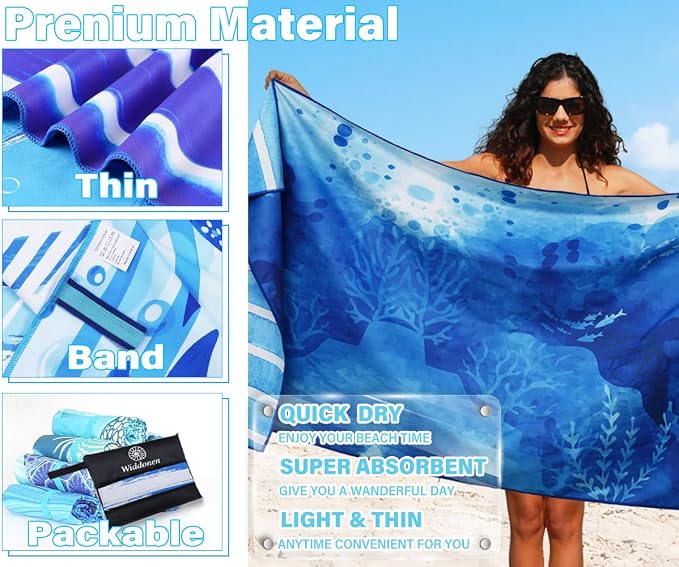 Widdonen Microfiber Beach Towel,Compact 2 Pack-71x32 Inch with Bag Travel | Extra Large,Lightweight,Thin,Sand Free,Quick Dry,Absorbent.Packable for Camping,Swim,Pool,Bath,Picnic,Cruise Essentials Gift