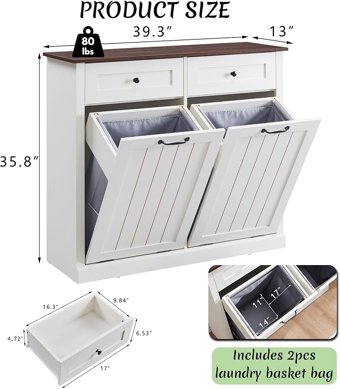 IFBUY Double Tilt Out Laundry Hamper Cabinet, Trash Cabinet, Antique White | 20 Gallon Farmhouse Trash Cabinet w/Drawers, Hidden Wood Garbage Can Cabinets w/Laundry Storage Basket for Bathroom, Kitchen