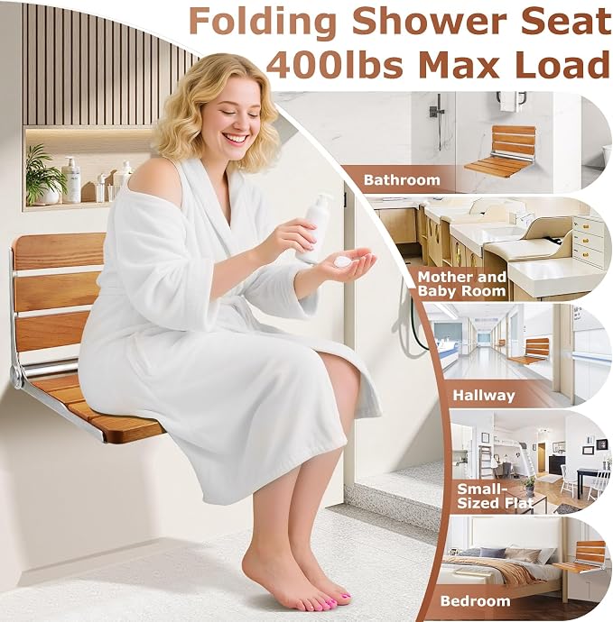 Foldable Shower Seat Wall Mounted 18 in Wide, Teak Bench for Small Shower | Foldable Design, Shower Use