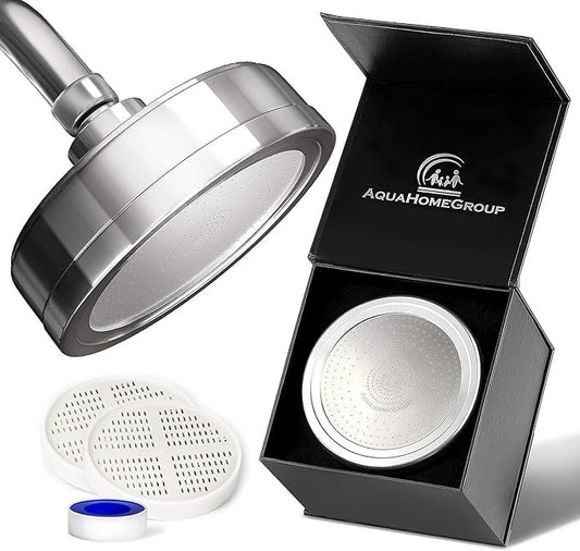 AquaHomeGroup Filtered Shower Head, Chrome, 20+3-Stage, 2 Cartridges | filtered shower head, chrome finish, 20+3-stage filtration, reduces chlorine and odor, high output, wall mounted
