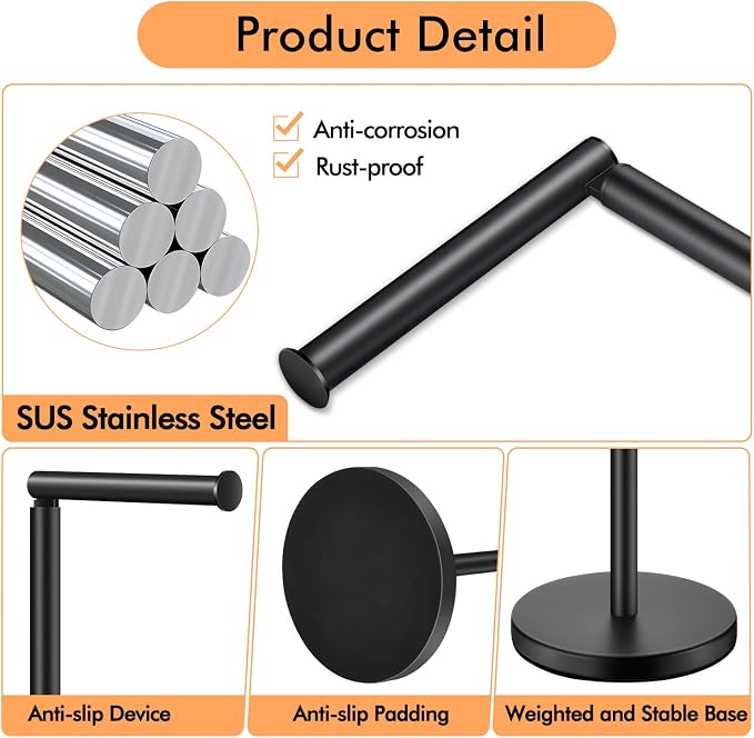DAWNER 24" Black Toilet Paper Holder Free Standing, Stainless Steel Rustproof Toilet Paper Stand with Storage, Stable Heavy Weighted Flat Base for Apartment, Bathroom, Kitchen, Matte Black Finish