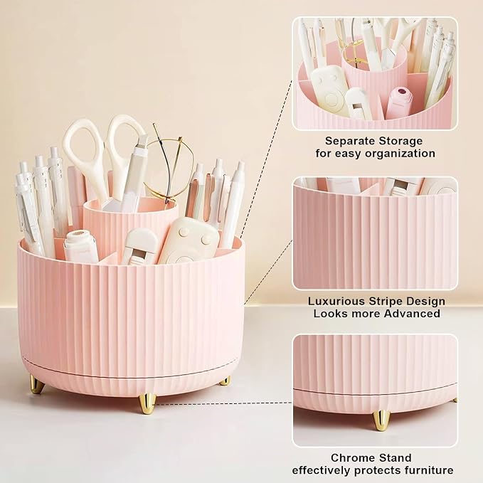 Makeup Brush Holder Organizer,360° Rotating Makeup Brush Organizer,5 Slot Make up Brushes Cup for Cosmetics, Nail Polish, Art Supply, Bathroom Vanity Desktop Organizer - Pink