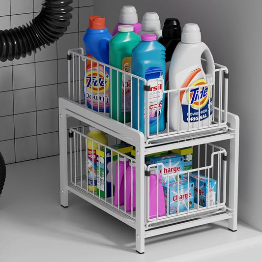 2-Tier Pull Out Cabinet Organizer, Slide Out Under Sink Organizer | Metal Cabinet Baskets with Mesh Sliding Drawer for Home, Office, Bathroom, Kitchen, Pantry Storage Shelf, Large White