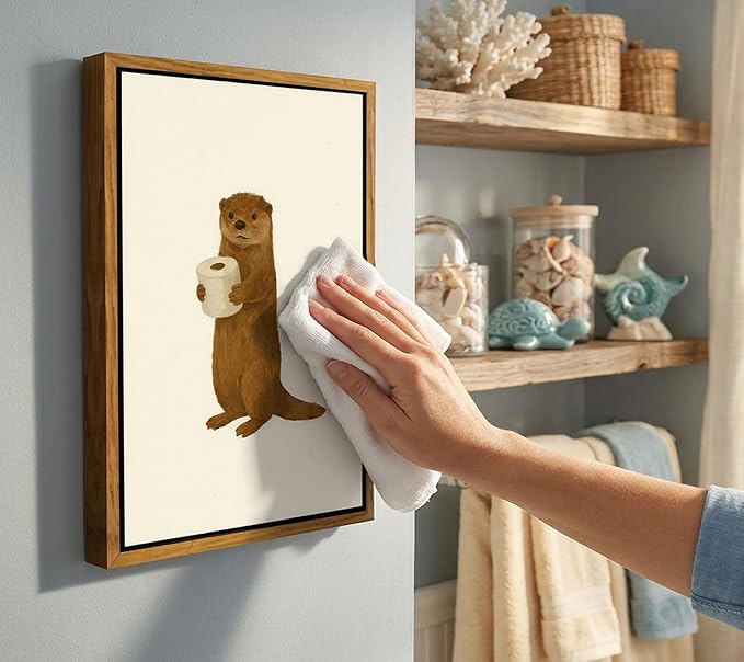 Floating Framed Funny Bathroom Otter Canvas Wall Art Cute Otter Painting Picture Wall Decor Humor Bathroom Animal Poster Print Artwork for Washroom Bathroom Toilet Home Decoration 16x24in
