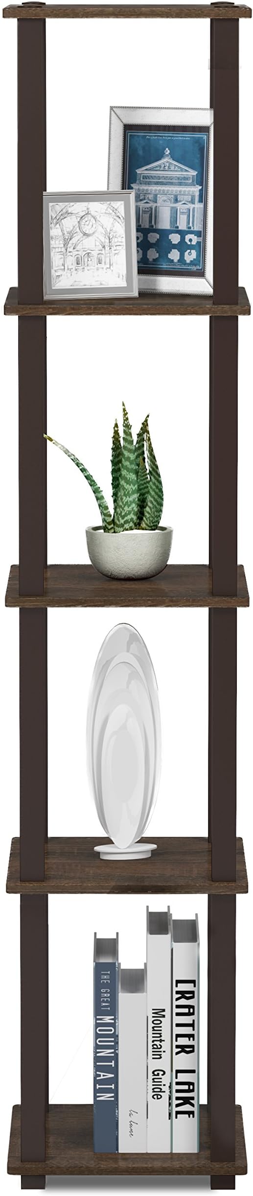 FURINNO Turn-S-Tube 5-Tier Corner Square Rack Display Shelf, Walnut/Brown | Open Frame, Corner Shelf, Free Standing Open Shelves, for Organization and Storage, Living Room, Garage, Home Office