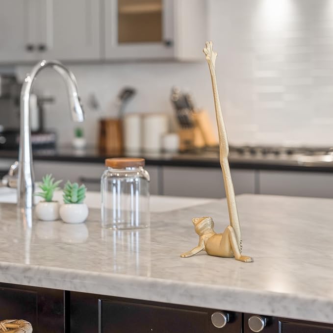 Gold Paper Towel Holder, Metal Toilet or Kitchen Paper Holder for Floor or Countertop, Gold Frog | 18.6 inch tall gold cast iron hand towel holder for kitchen countertop or bathroom with weighted base, no assembly