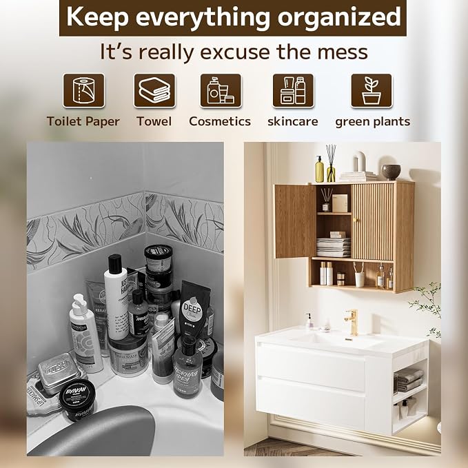 Bathroom Wall Cabinet, Medicine Cabinet with Adjustable Wood Shelf & Doors, Over The Toilet Storage Organizer Wall Mounted Storage Cabinet for Laundry Room, Kitchen, Living Room, Cupboard, Oak