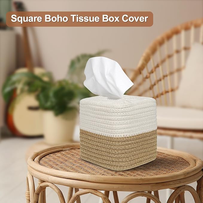 Boho Tissue Box Cover: Natural Handwoven Square Cover for Bathroom | Open-Bottom Design with Tassel, For Kitchen, Tabletops, Home & Office, Farmhouse Decor