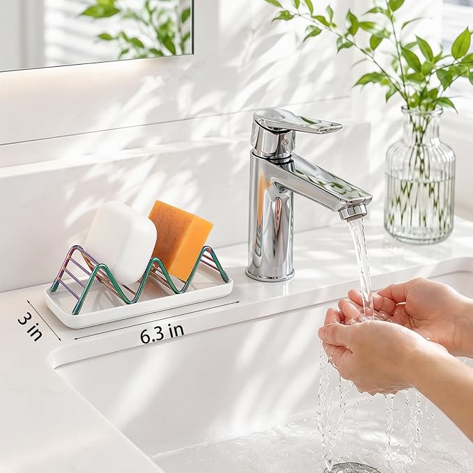 Stainless Steel Soap Dish Draining Soap Holder with Ceramic Tray, Colorful | Reversible Design Fits 2-3 Bars, Rustproof, Easy to Clean, Space Saving, Non Slip, for Bathroom, Shower, Kitchen