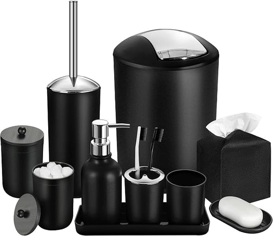 Black Bathroom Accessories Set, 10Pcs Bathroom Accessory Set with Trash Can, Soap Dispenser and Toothbrush Holder, Soap Dish, Cotton Ball & Qtip Holder, Toilet Brush Holder, Tissue Box Cover