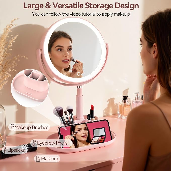20X Magnifying Mirror with Lights and Storage, Double Sided Vanity Mirror | Rechargeable Makeup Mirror, 3 Color Lighting, Fast Charge and Long-lasting Work, Height Adjustable, Memory Function, Pink