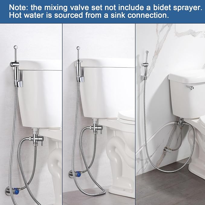 SonTiy Hot and Cold Bidet Mixing Valve Kit, Upgrade Brass 4 Way Warm Bidet T-adapter valve for Handheld Toilet Sprayer Seat Bidet Attachment with Two Tee Connector and 79inch Shower Hose