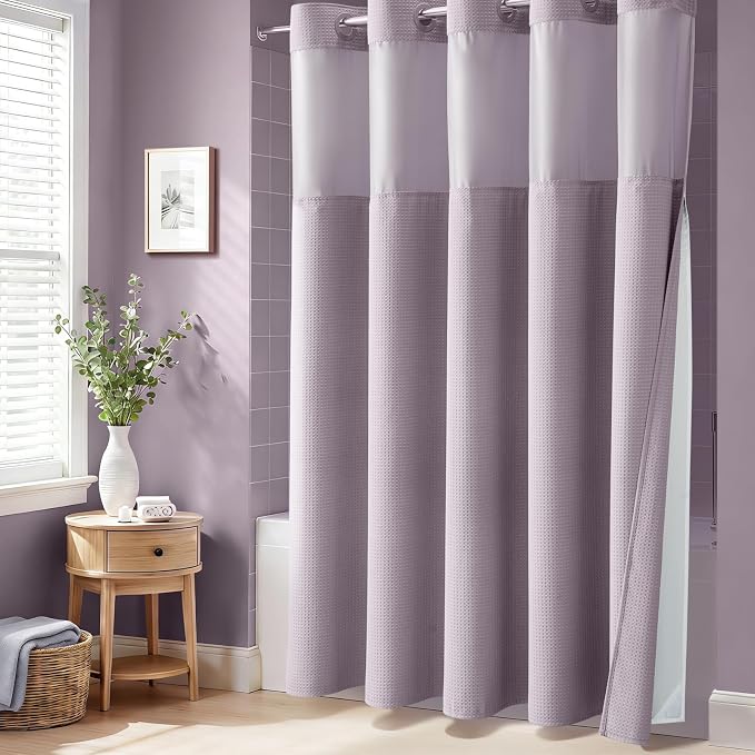 Lavender Hook Free Waffle Shower Curtain & Snap Fabric Liner,72x87 | Less Time to install, 3 in 1 Fabric Shower Curtain and Liner Set with Magnets, Extra Long, Shower Curtains for Bathroom