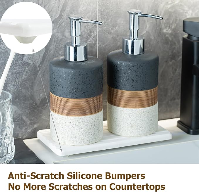 Ceramic Dish Soap Dispensers Set of 2 for Kitchen and Bathroom | Hand Soap and Lotion Dispenser Set, Shampoo and Conditioner Bottles | with Stainless Steel Pump, Silicone Funnel, Tray, Black