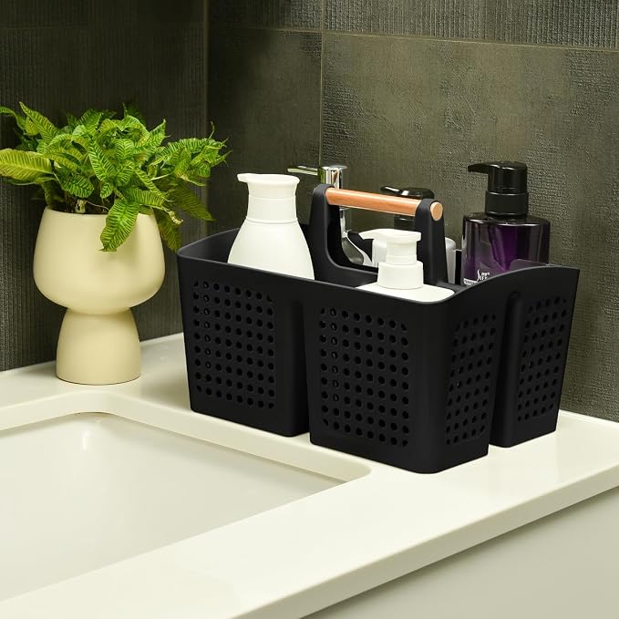 Portable Shower Caddy Basket with 3 Compartments and Handle, Black | Plastic Divided Cleaning Caddy Organizer for Bathrooms, Dorm Rooms, Gyms, Laundry Rooms, Garages and RV Storage