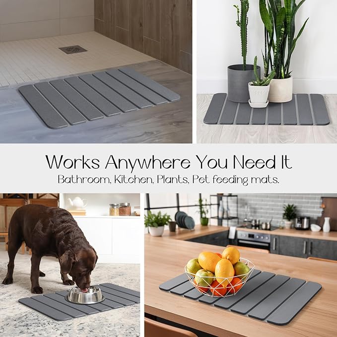 Foldable Stone Bath Mat for Bathroom, Non-Slip Mat, Quick Dry 24" x16" Grey | Large Super Absorbent Diatomaceous Earth Mats, Quick Drying, Eco-Friendly Easy to Clean, Easy Storage, Silicone Non-Slip Base