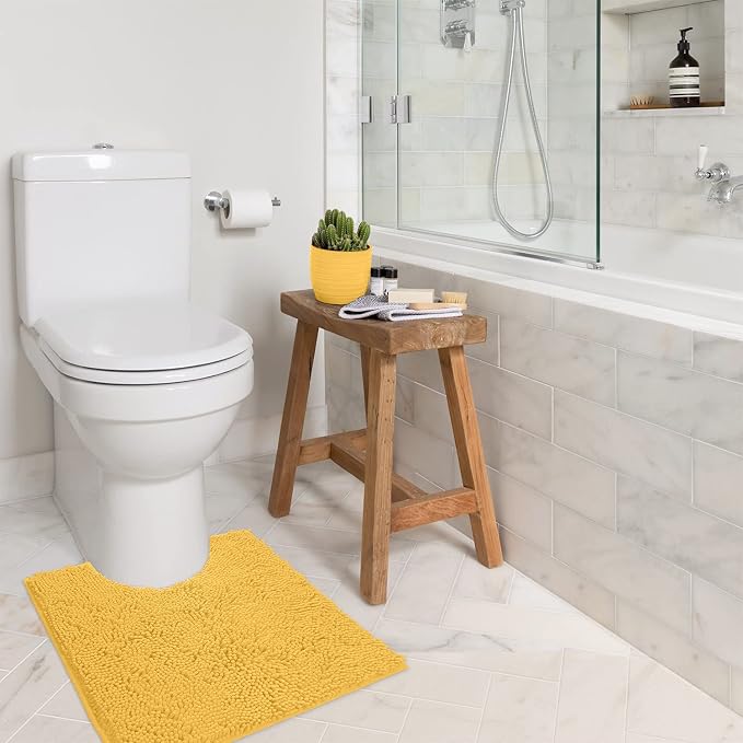 LuxUrux U-Shaped Toilet Bath Mat – Absorbent & Non-Slip Contoured Rug for Toilet Base, Plush Chenille, Machine Washable (20 x 20 inch, Yellow)