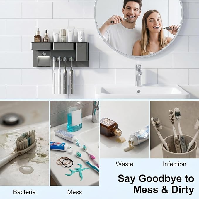 Toothbrush Holders for Bathrooms Toothbrush Holders Wall Mounted with Magnetic Night Light-4 Toothbrush Slots, 3 Independent Storage Compartments Bathroom Decor All-in-One Organizers Accessories White