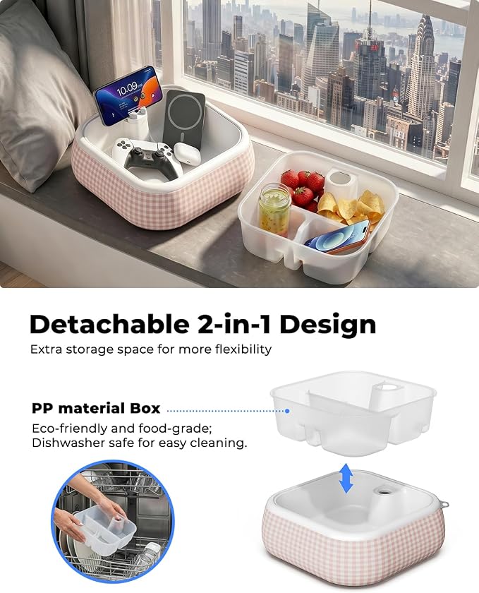 Viozon Couch Cup Holder Tray, EPP Foam Floating Bathtub Tray & Pool Caddy with 360° Adjustable Phone Stand Dock, Detachable Snack Drink Organizer for Sofa Bed, Pink.