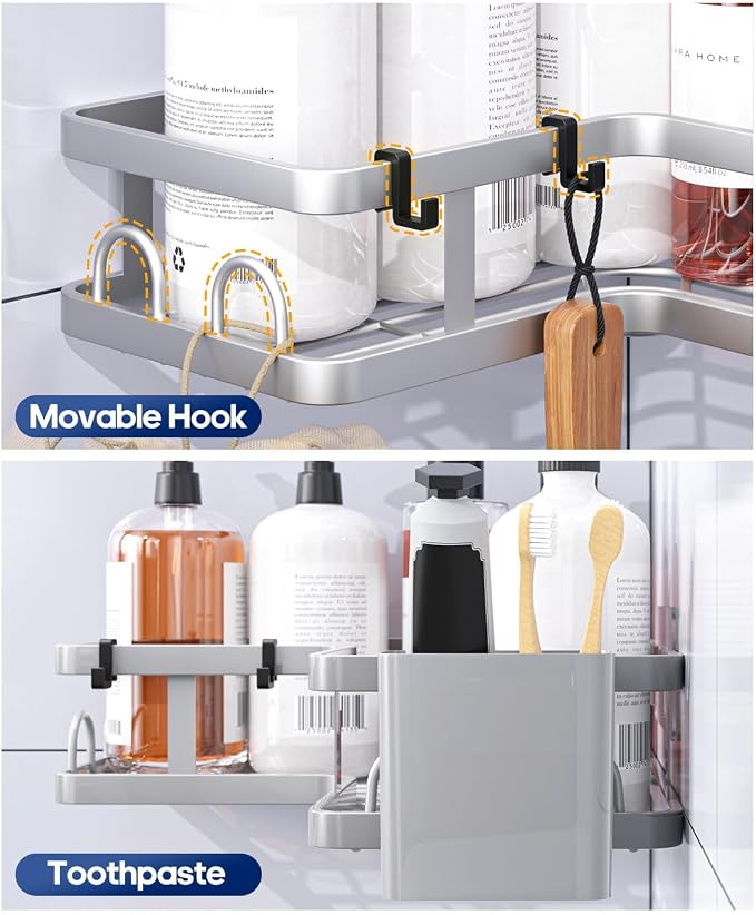3 Pack Corner Shower Shelves, Rustproof Shower Organizer Caddy | No Drilling Shower Organizer Corner Exclusively for 90 Degree Right-Angle Walls with Hooks and Toothpaste Holder, Silver